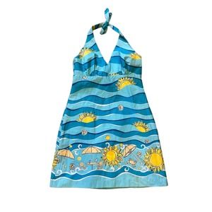 Vintage Lilly Pulitzer blue yellow cruise sun waves summer halter dress sz 10